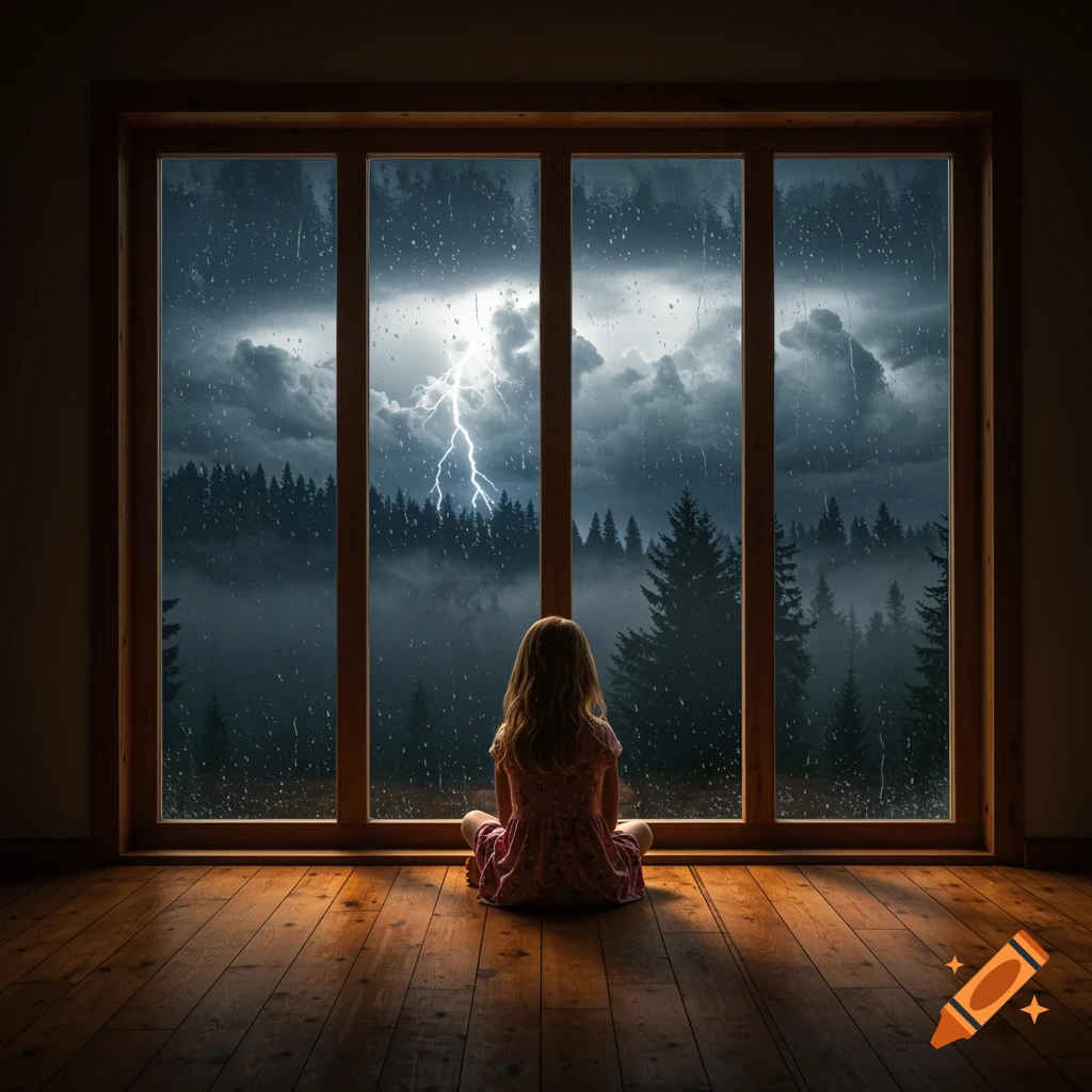A child sits on a wooden floor looking out a large window at a lightning storm over a forest.