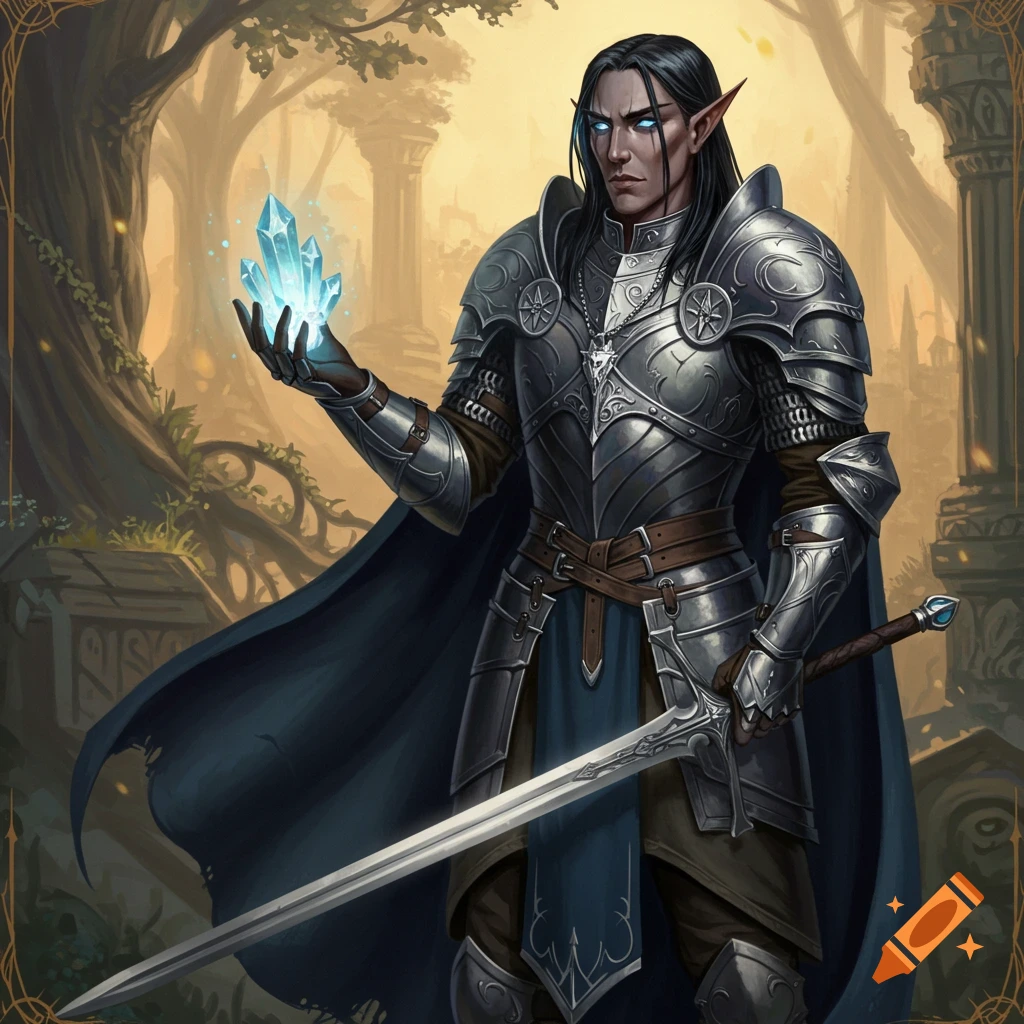 A dark-haired elf paladin in armor holds a glowing blue crystal in a fantasy forest ruin.