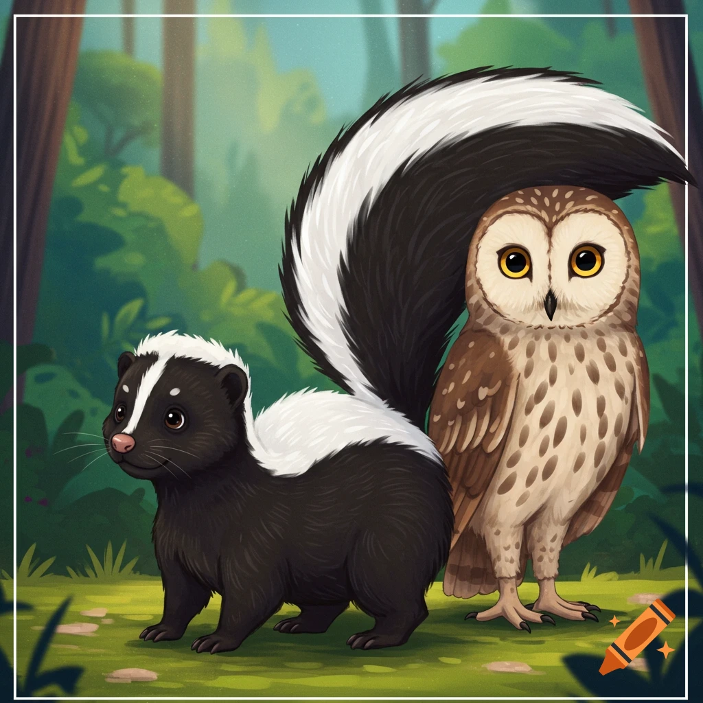 A skunk with a striped tail is next to an owl in a forest setting.
