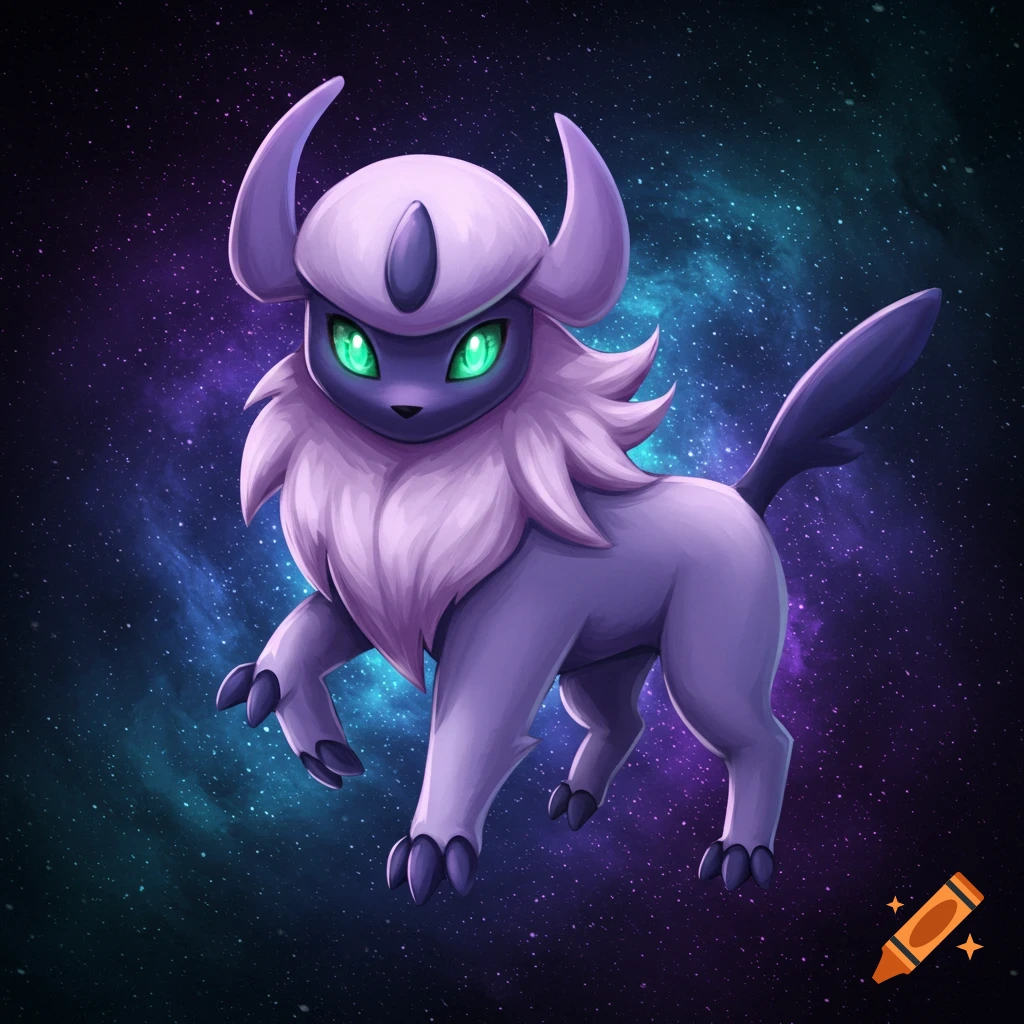 A Pokemon Absol with emerald eyes and lavender fur against a starry purple and blue galaxy background.
