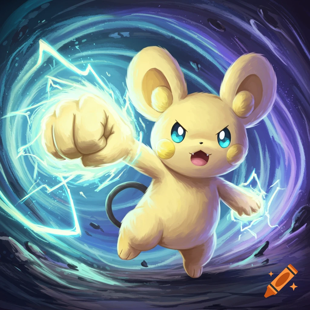 Yellow cartoon mouse-like creature punching with electric power in a swirling background.