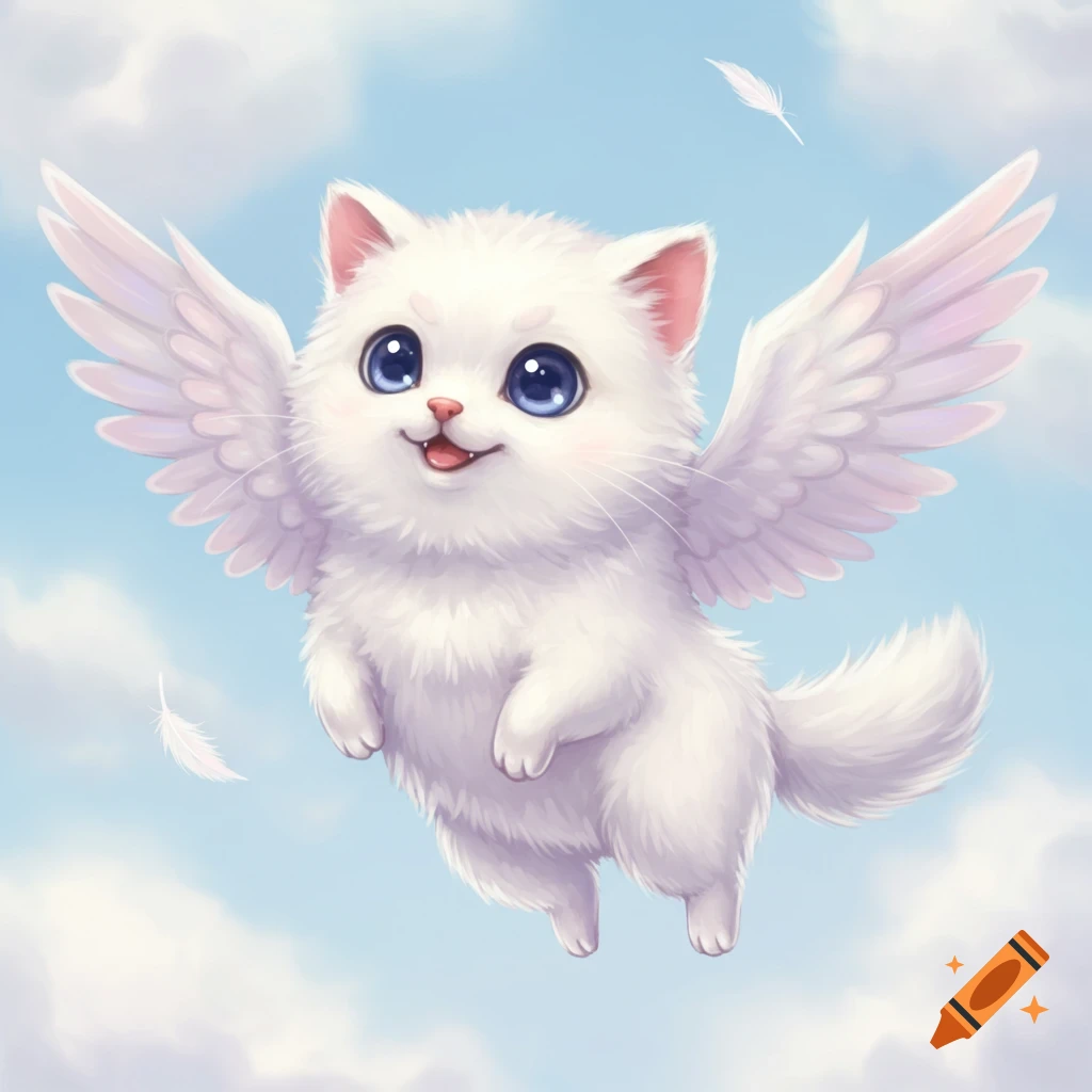 A fluffy white cat with wings flying in a blue sky.