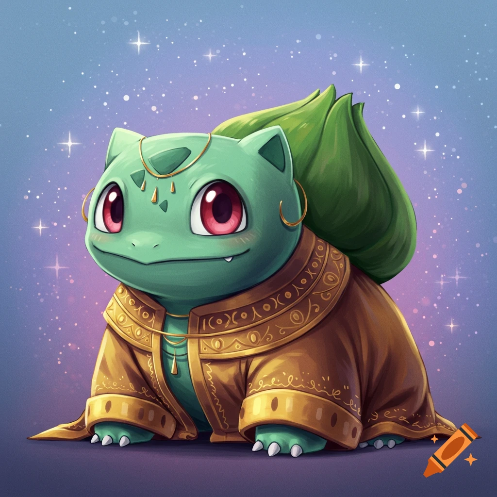 A Bulbasaur wearing an ornate gold robe against a sparkling blue and purple background.
