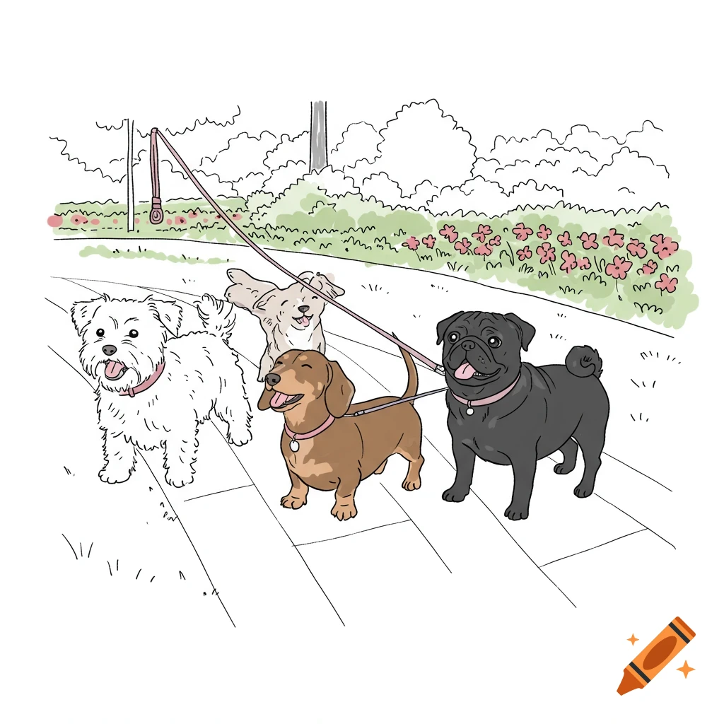 Line drawing illustration of four small dogs on leashes walking on a path with flowers.
