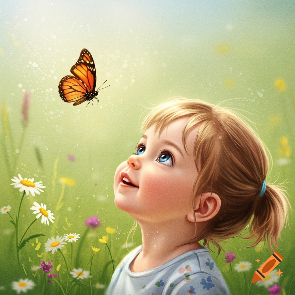 A young child smiles and looks up at a butterfly in a field of wildflowers.