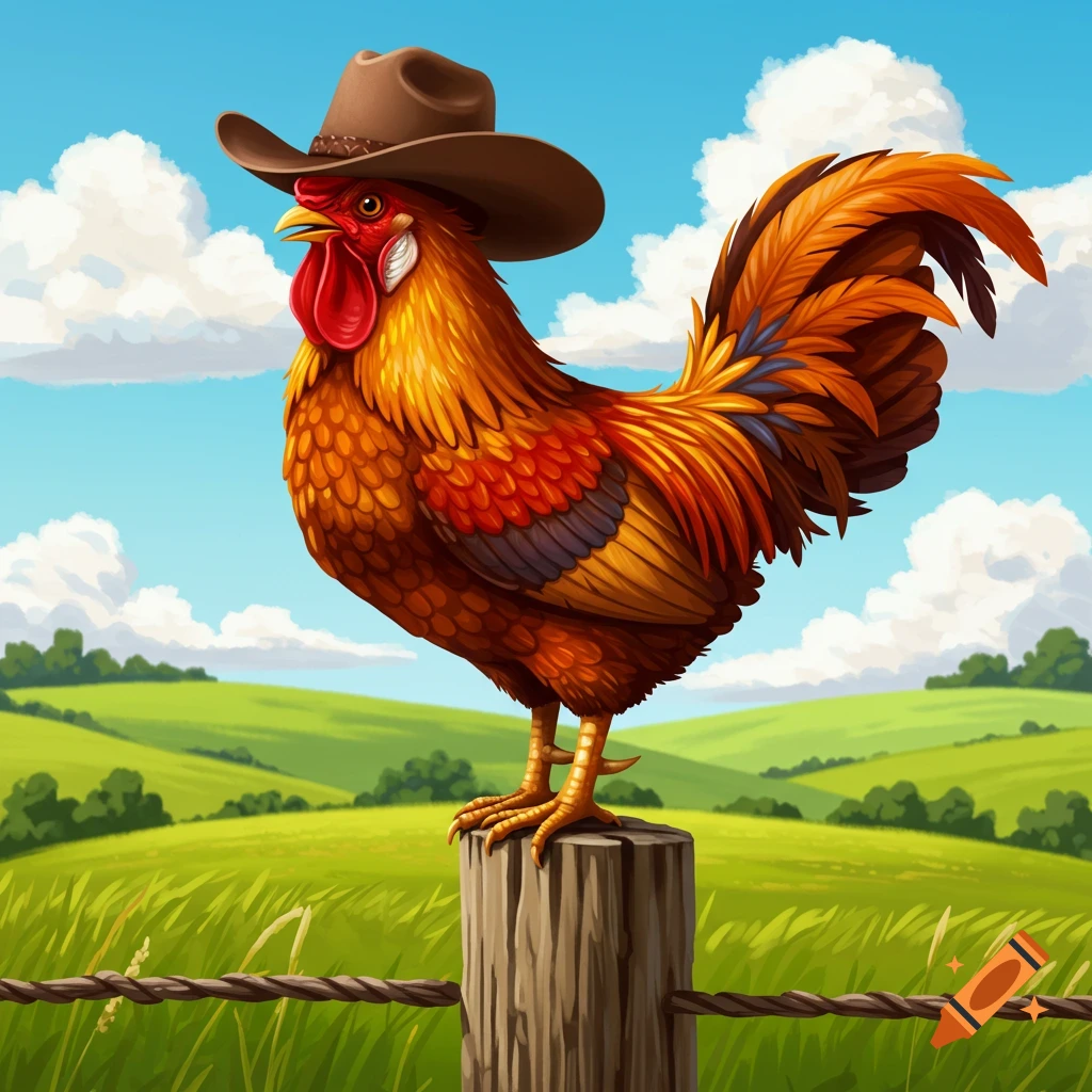 A rooster in a cowboy hat stands on a fence post in a sunny, green rural landscape.