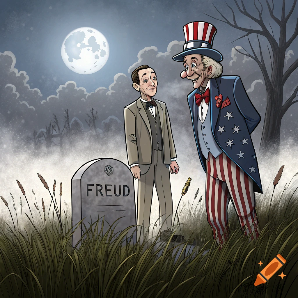 Pee Wee Herman and Uncle Sam stand by Freud's grave in a foggy graveyard under a full moon, cartoon illustration.