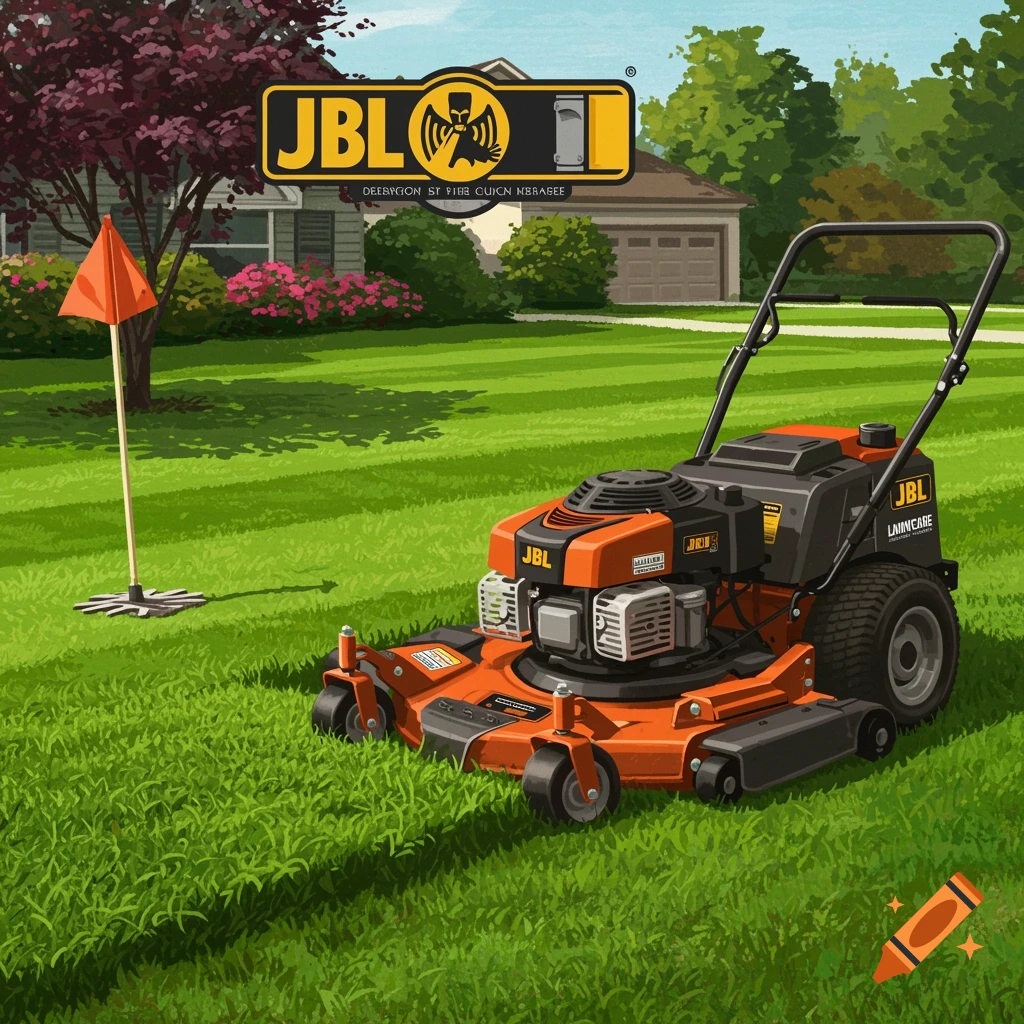 An orange lawnmower sits on a striped green lawn in front of a house. A flag flies on a pole nearby.