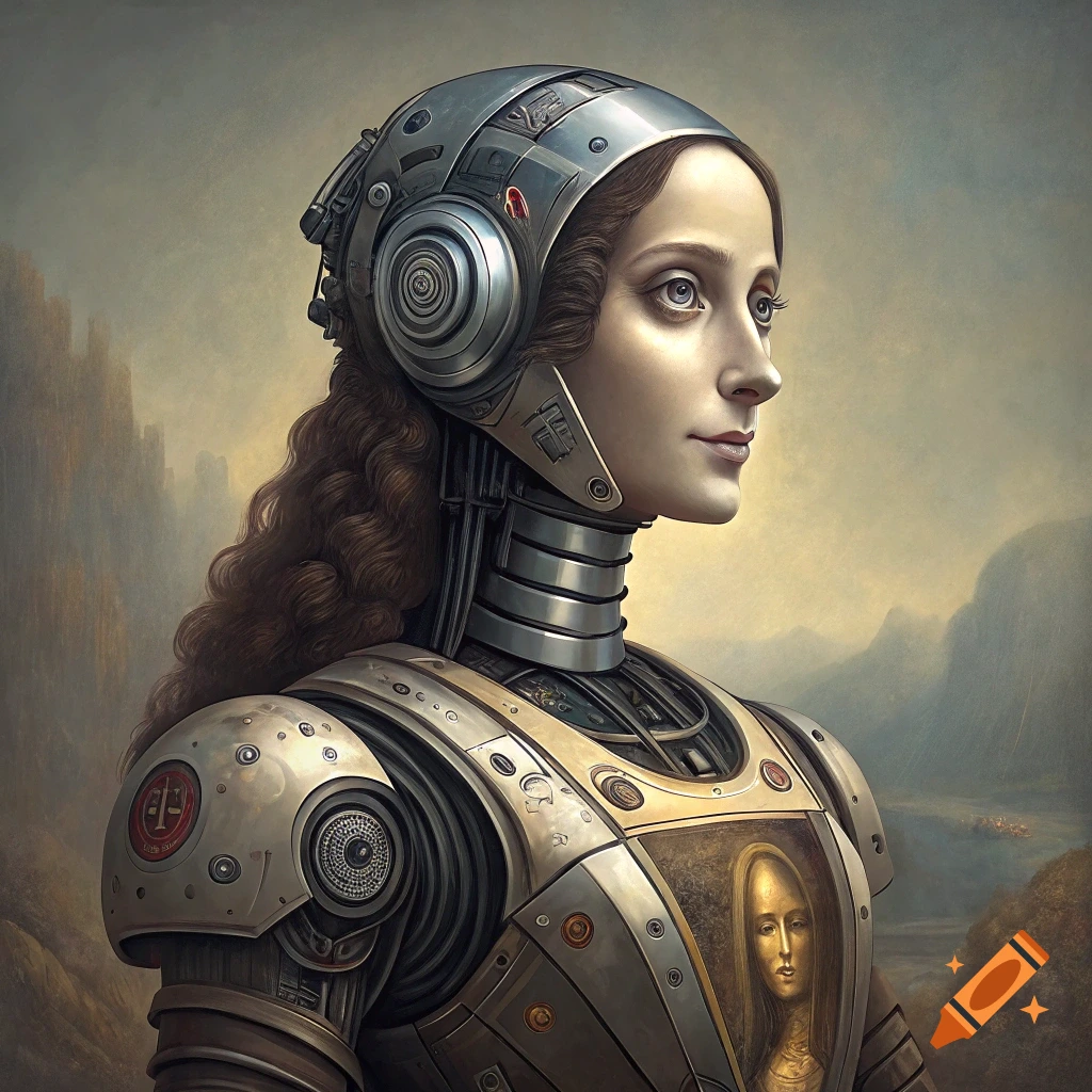 A woman with classical features wearing detailed futuristic robot armor, like a cyborg Mona Lisa.