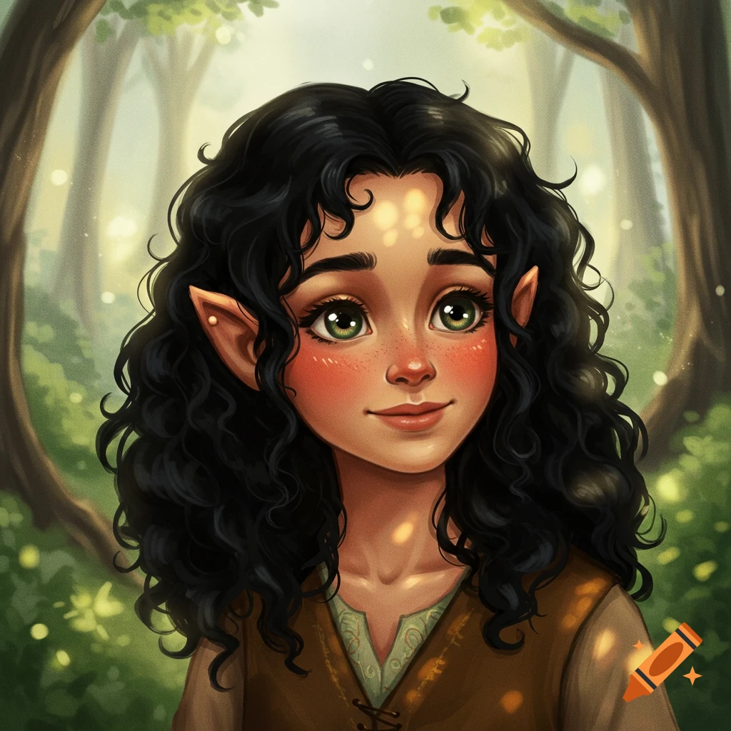 Young elf girl with curly black hair and green eyes smiling in a sunny forest.