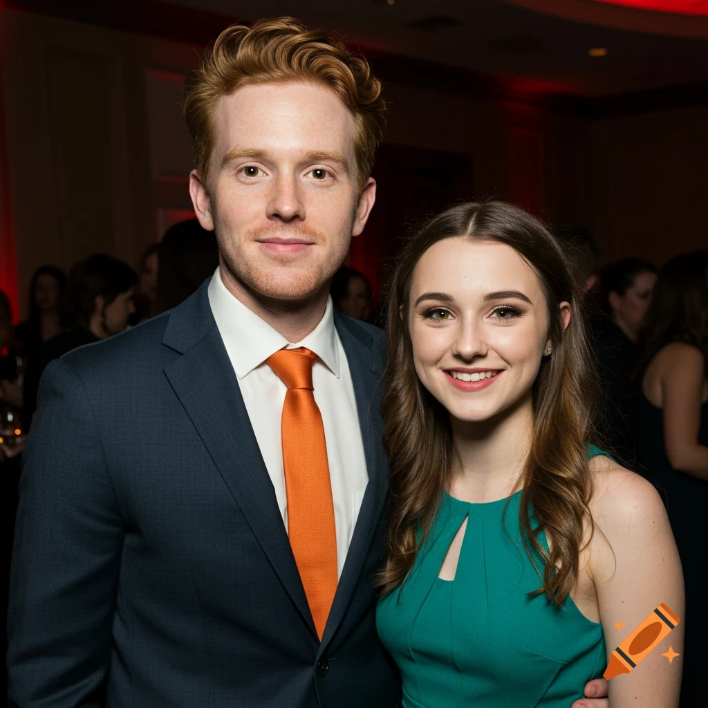 A man and a woman pose for a photo at a formal event. The man wears a suit and orange tie, and the woman wears a teal dress.