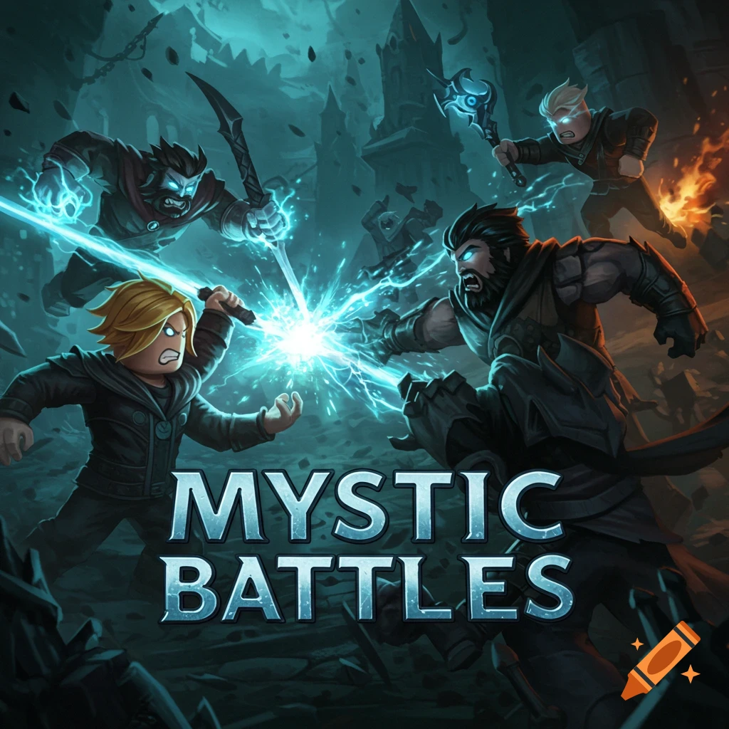 Roblox characters fighting with glowing weapons in a ruined city.