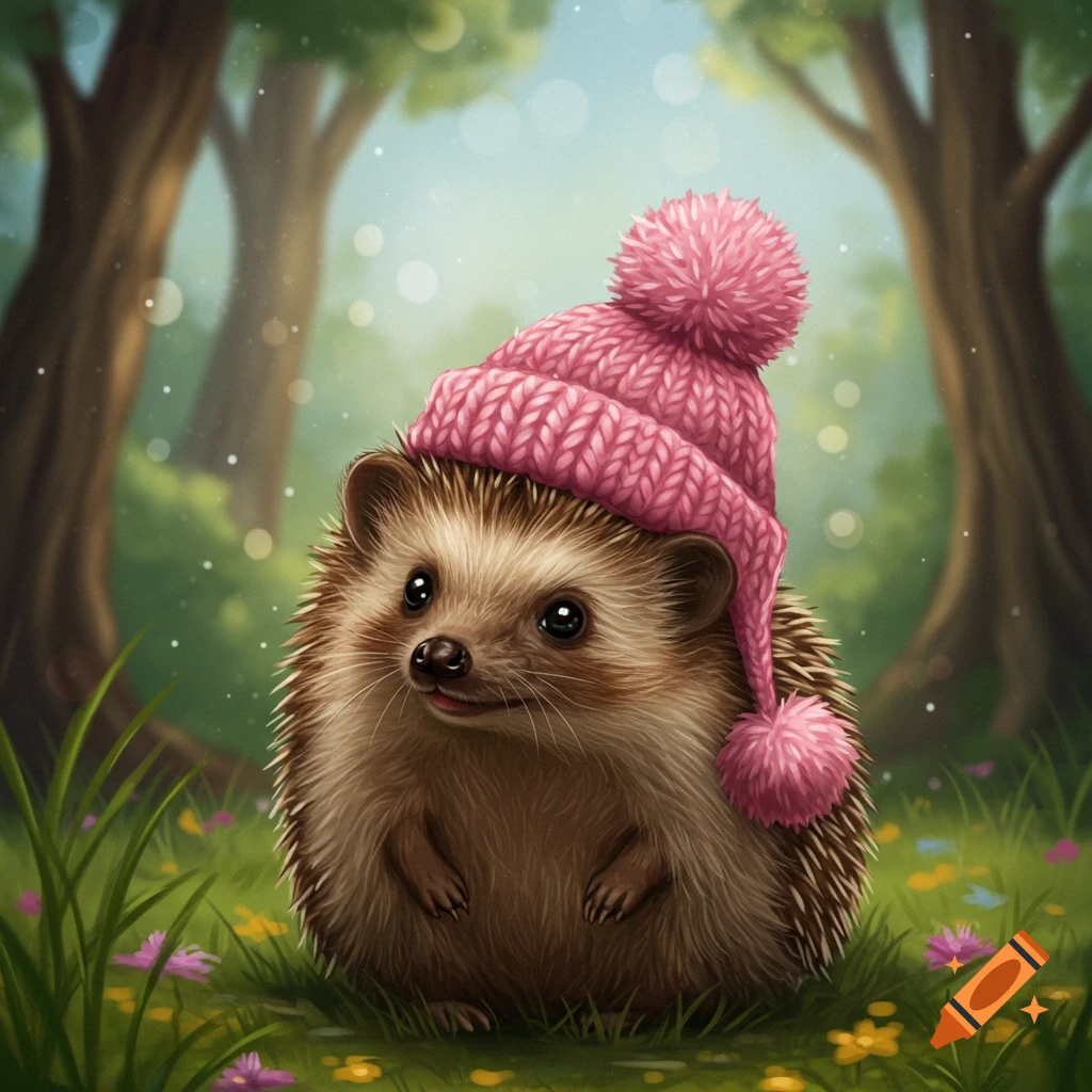 A charming hedgehog wears a pink hat in a sunny forest clearing.