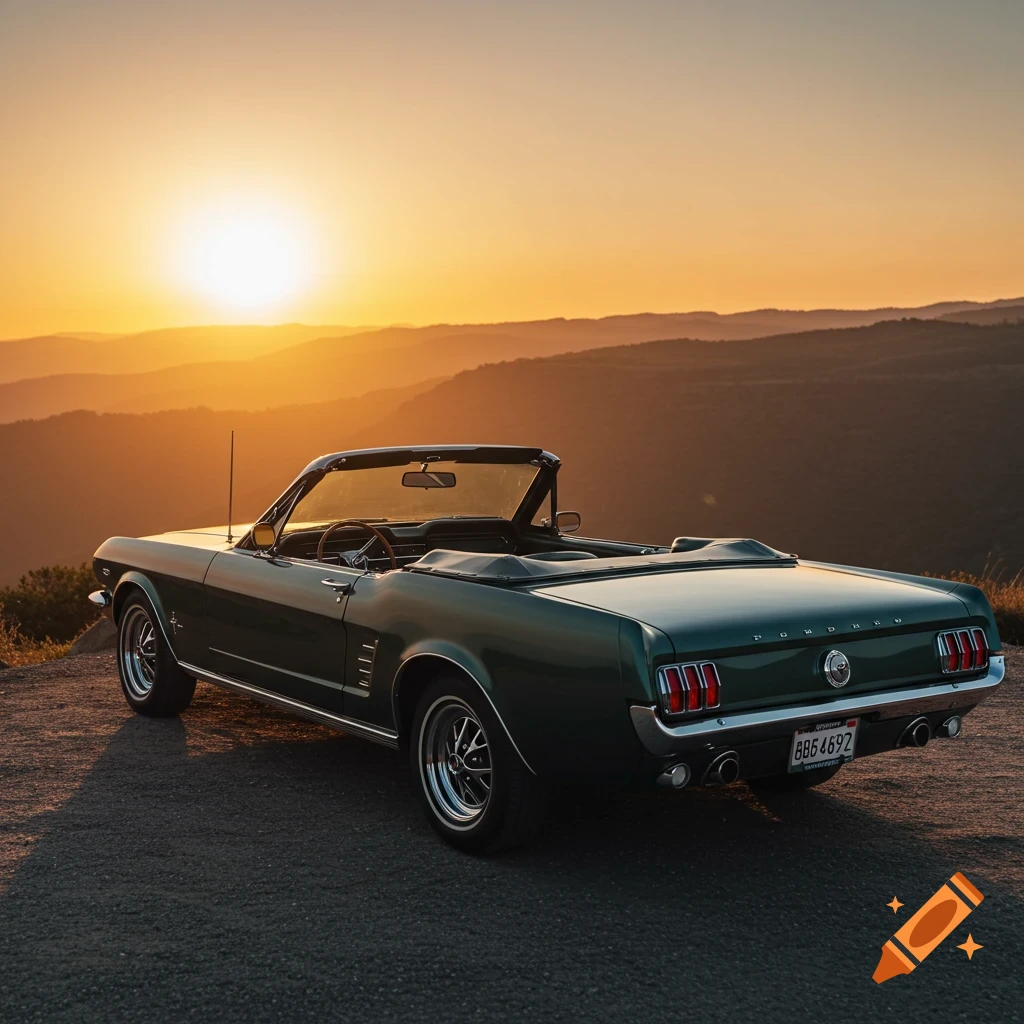 Green classic Ford Mustang convertible overlooks mountains at sunset.