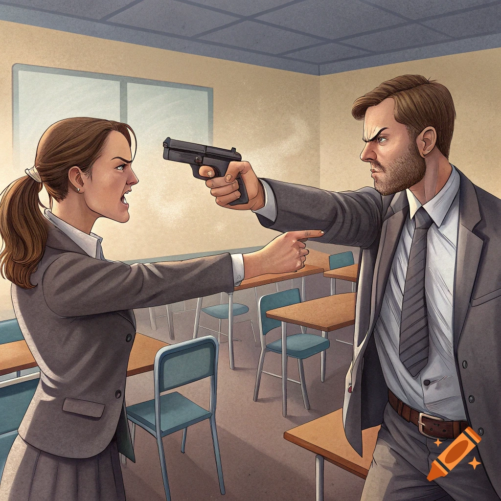 Illustration of a man and woman in formal clothes pointing guns at each other in a classroom, with angry expressions.