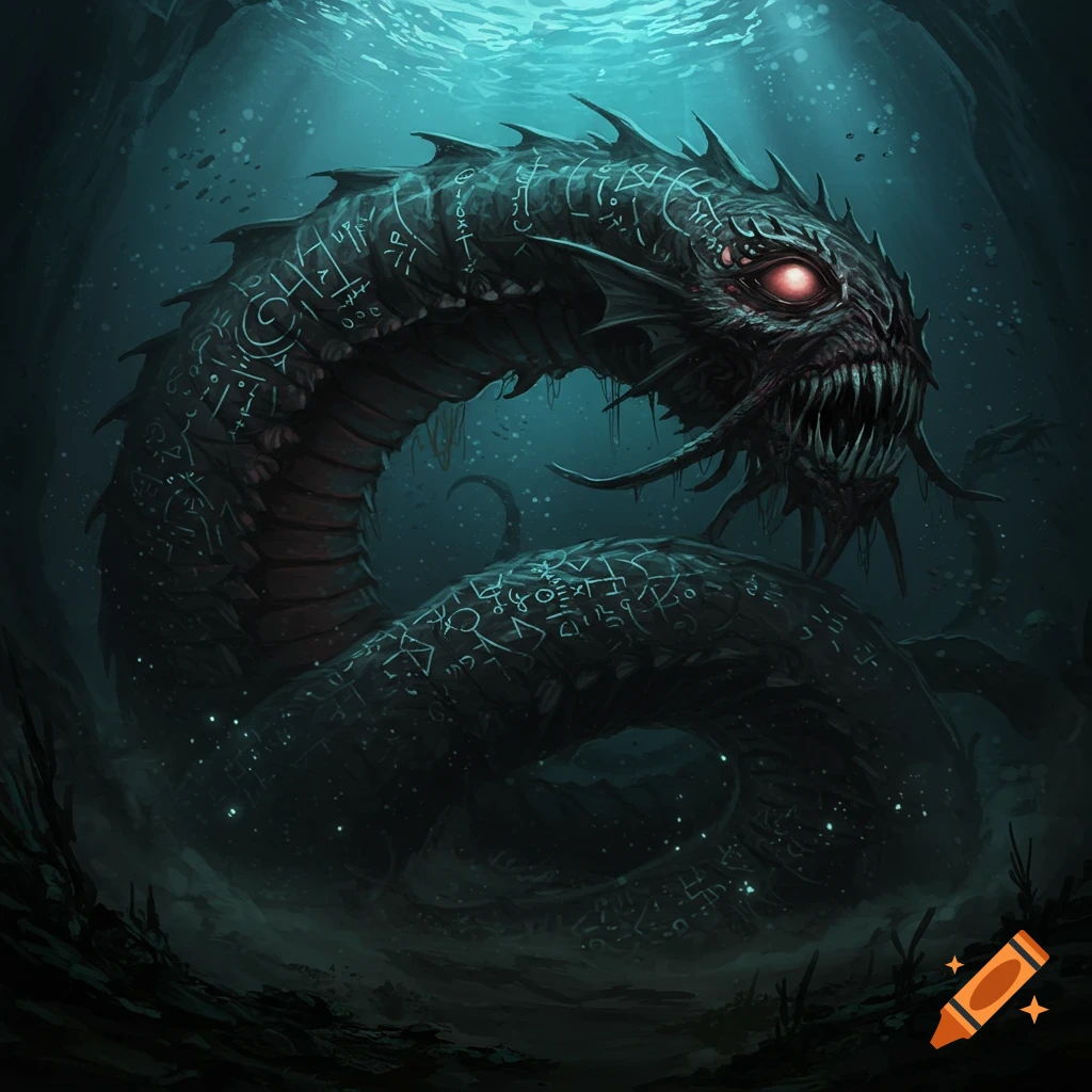 A monstrous deep-sea creature with glowing red eyes and symbols on its body in dark water.