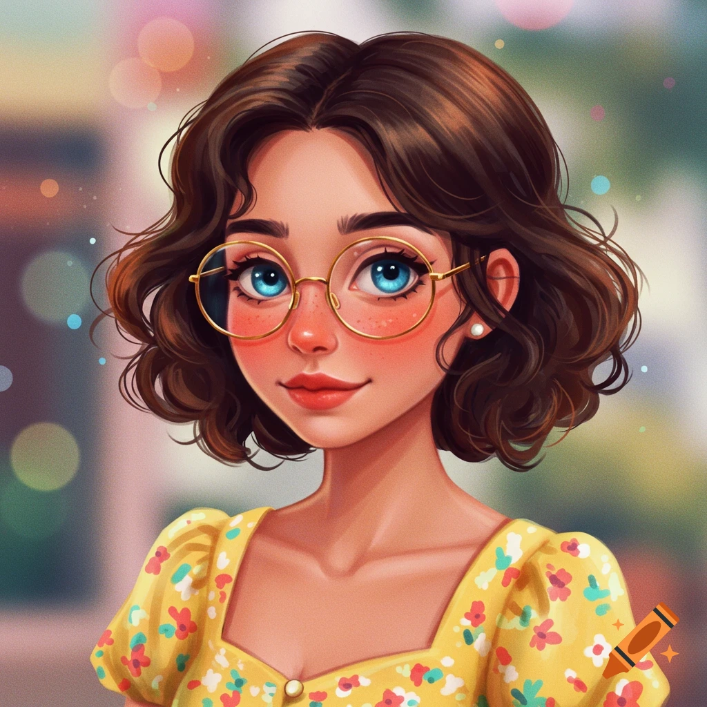 A portrait of a young woman with glasses, blue eyes, and brown curly hair wearing a yellow floral dress.