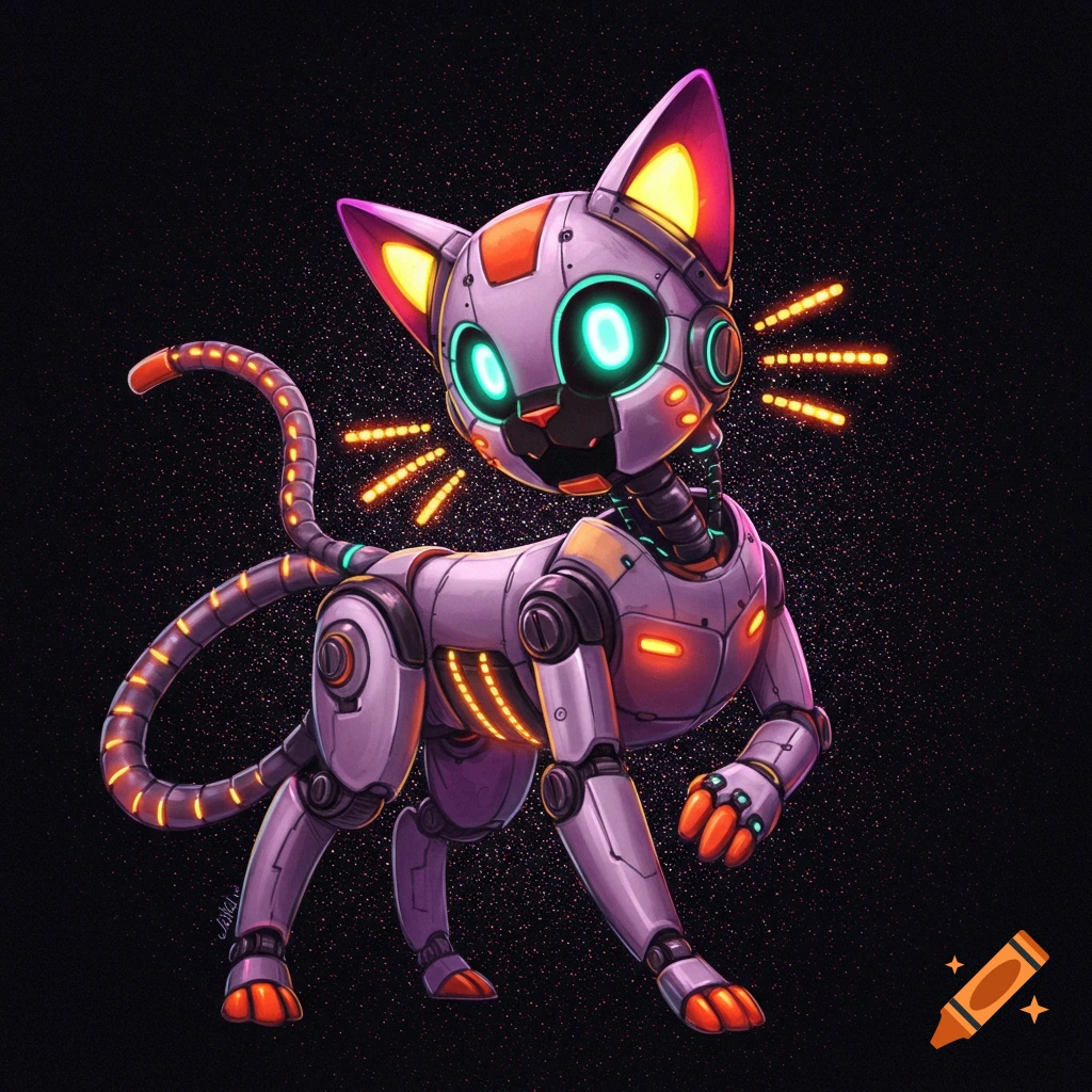 A robotic cat with glowing eyes against a dark background