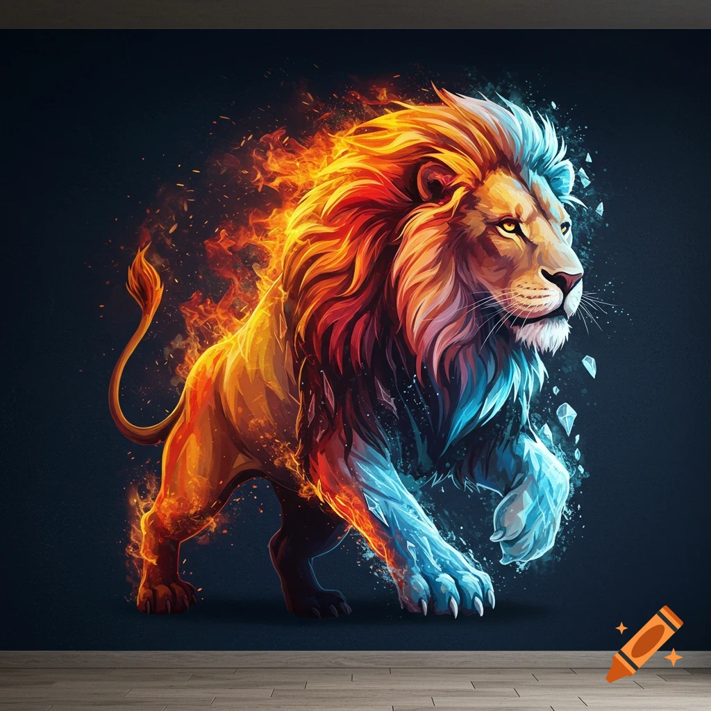 A mural of a lion split between fire and ice, with sparks and ice shards.