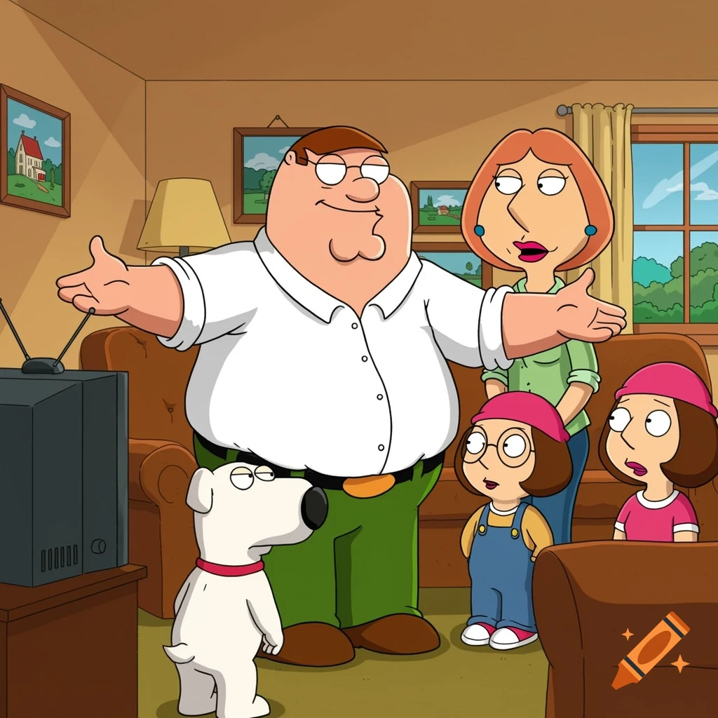 The Family Guy family, including Peter, Lois, Brian, Meg, and another child, standing in their living room in the show's animated style.