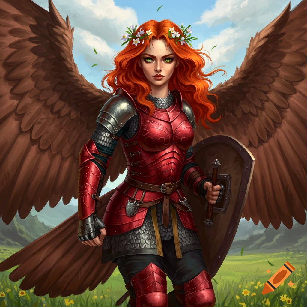 A winged paladin with red hair and green eyes, wearing red armor, holding a shield and sword in a field.