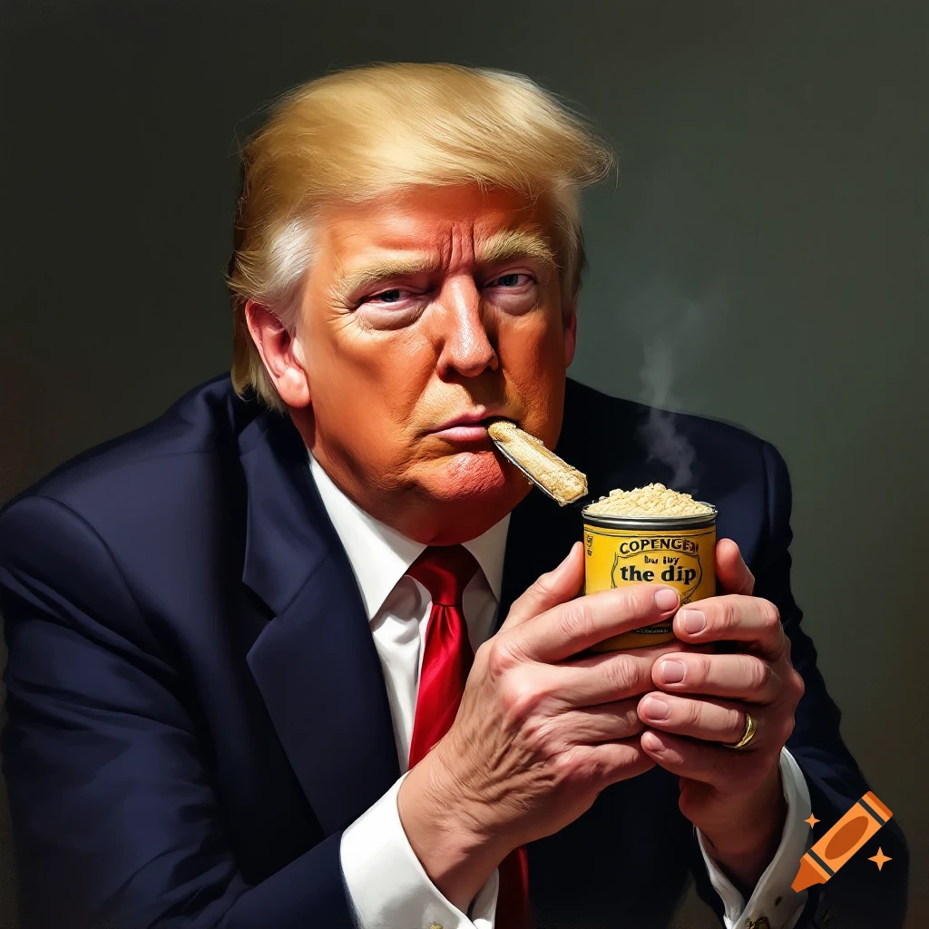 A caricature of Donald Trump holding a snuff can and pipe.