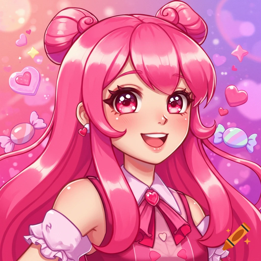 An anime-style portrait of a girl with pink hair and space buns smiling, surrounded by hearts and candies.