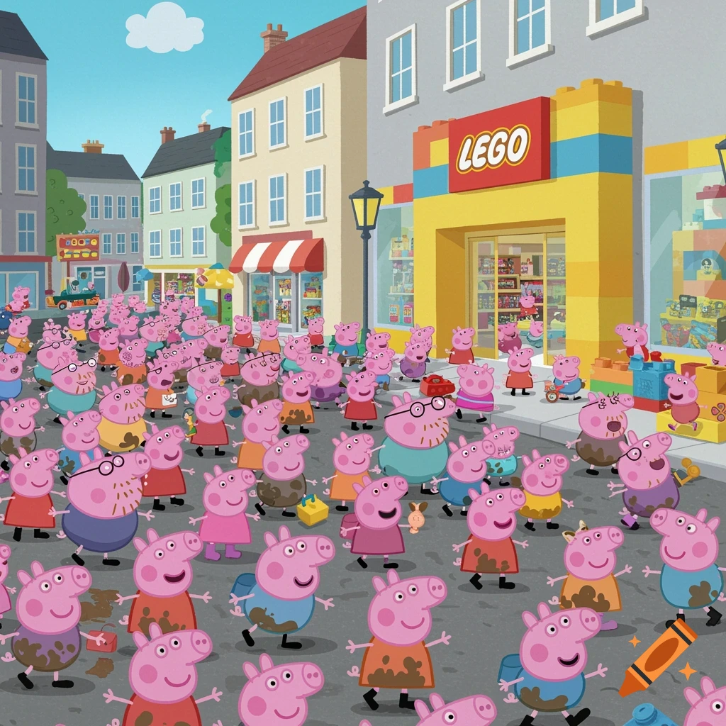 Many Peppa Pigs rush towards a Lego store in a vibrant cartoon city street.