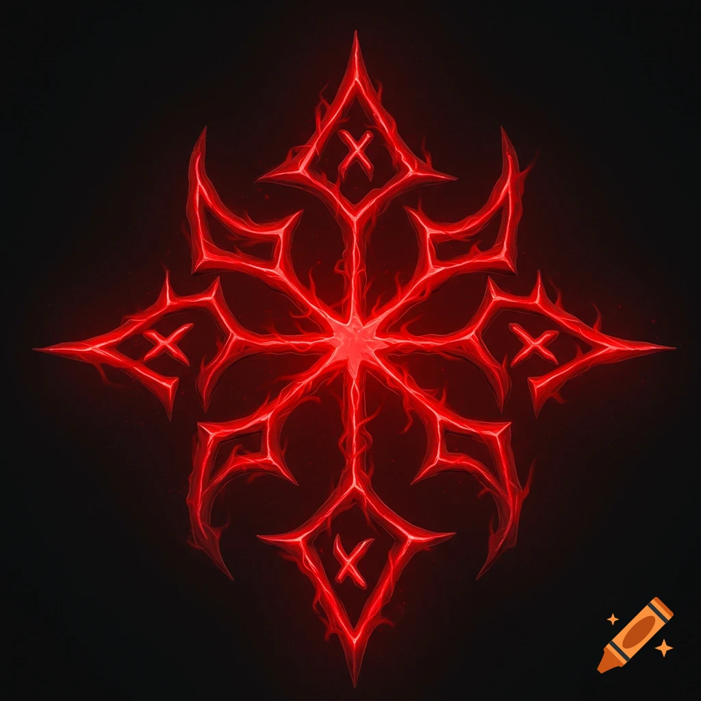 A fiery red magical symbol with X-shapes against a dark background.