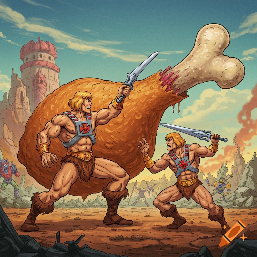 Two He-Man figures fighting a giant fried chicken leg in a fantasy landscape.