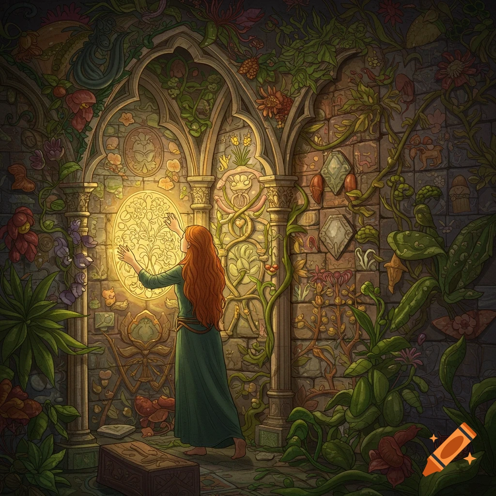 A woman with long red hair reaches for a glowing window in a crumbling, overgrown gothic room.