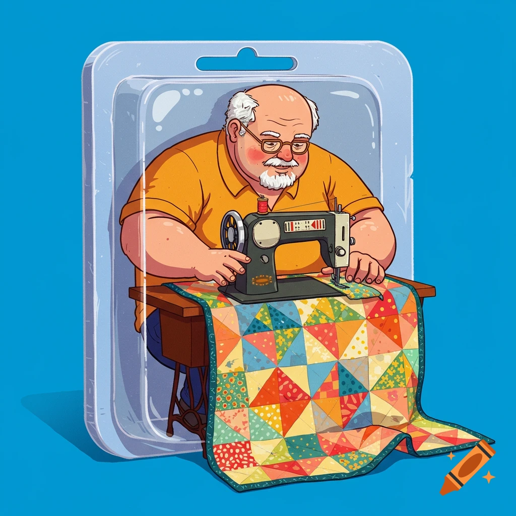 Illustration of an older man sewing a colorful quilt on a sewing machine, packaged like a toy