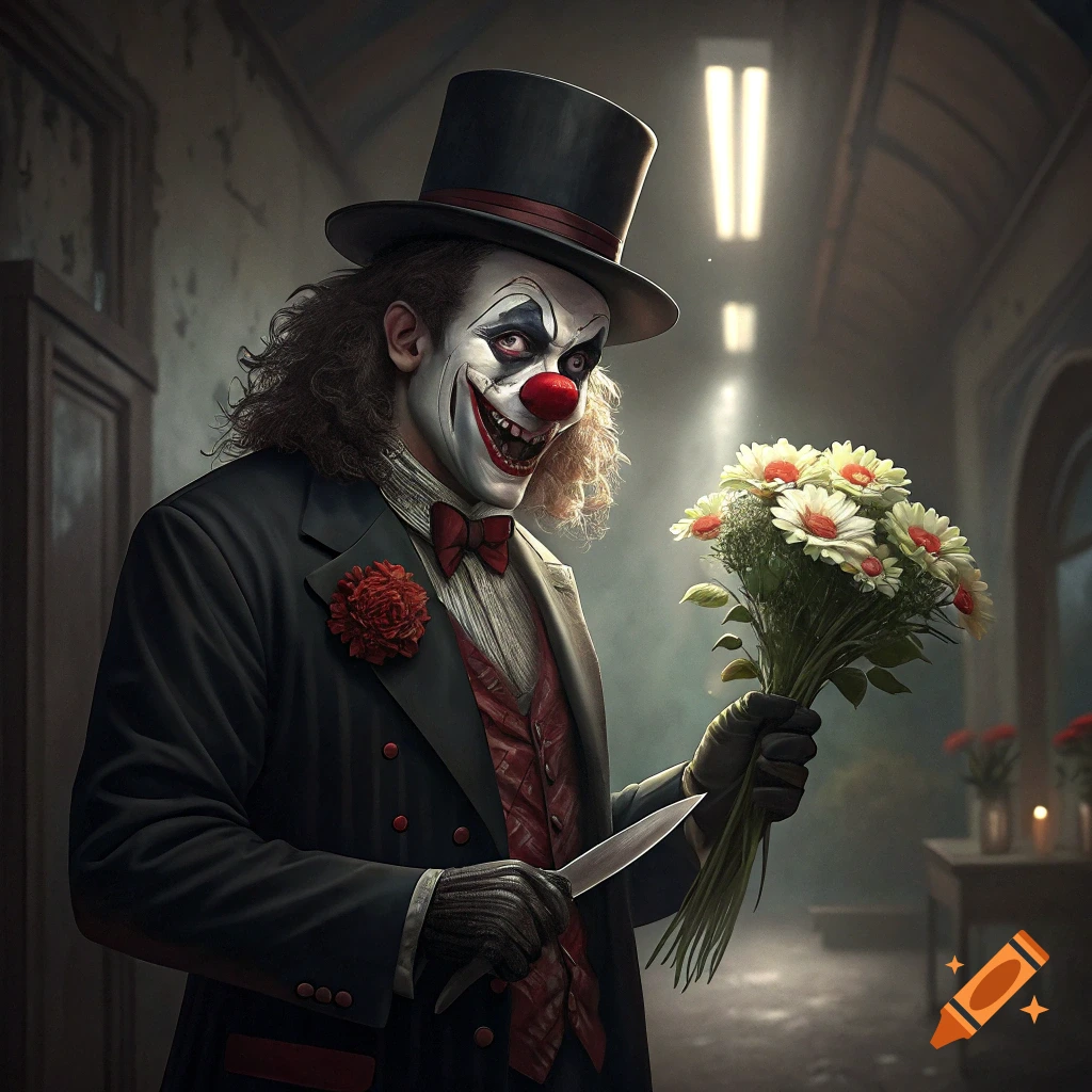 Scary clown in a top hat and suit holding a bouquet of flowers and a knife.