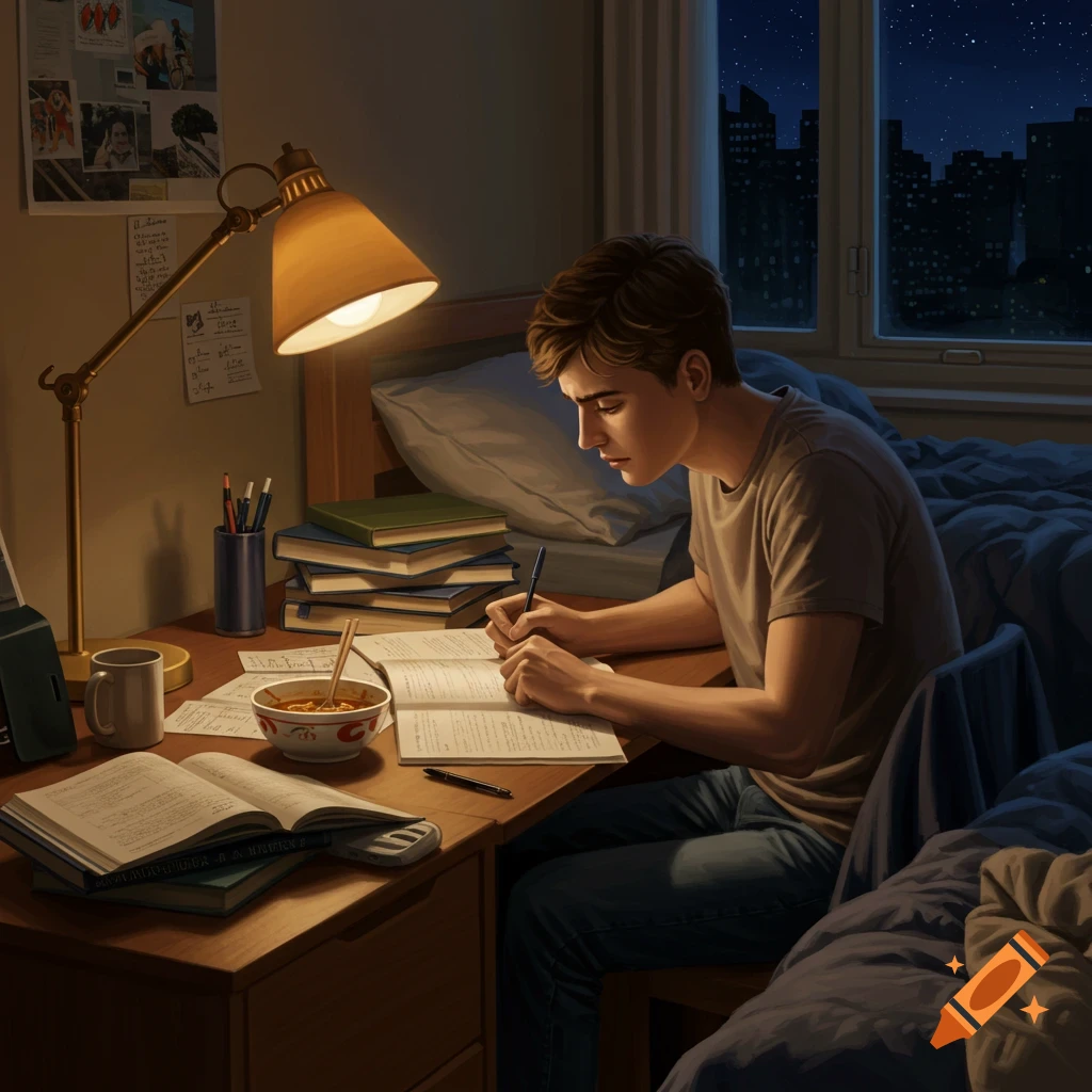 Young man studies at a desk next to a bed at night, lit by a lamp in a dorm room.