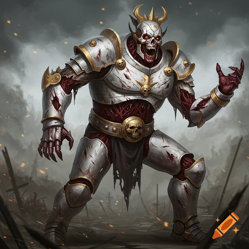 An undead knight in detailed armor stands in a ruined battlefield.