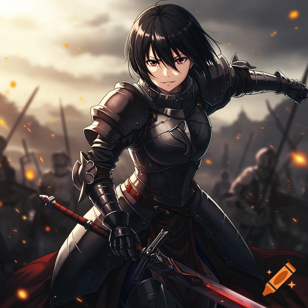 Anime female knight in dark armor holding a sword in a battle scene.