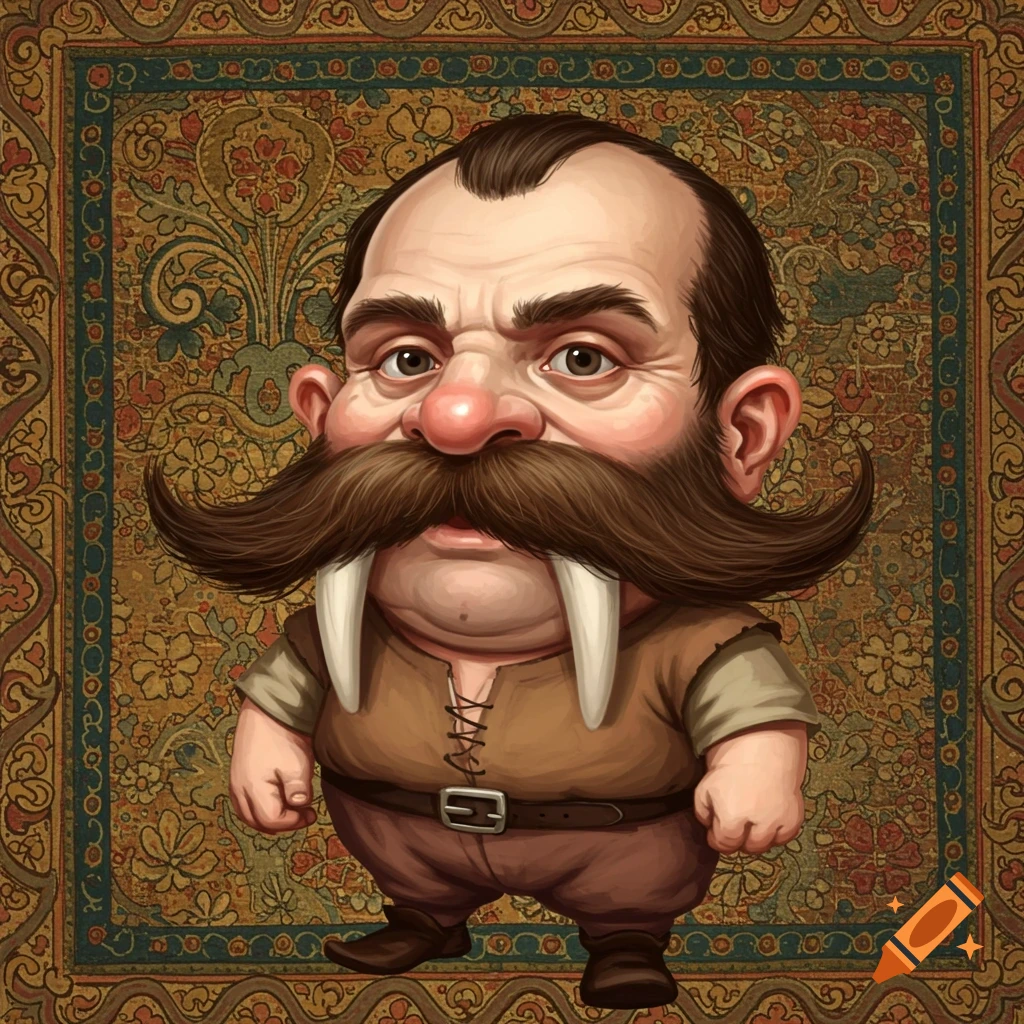 A short, stout man with a large mustache and walrus tusks stands on a patterned rug.