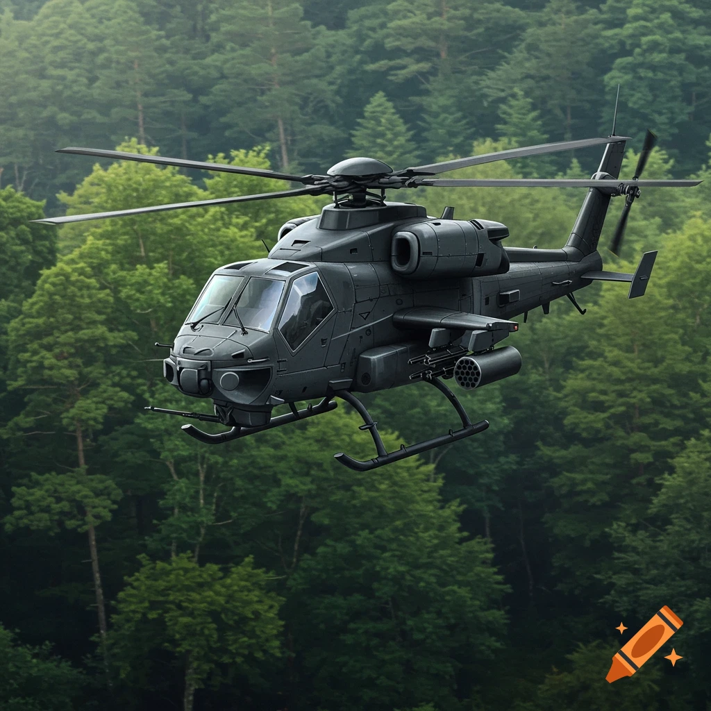 A military helicopter hovers above a forest landscape.