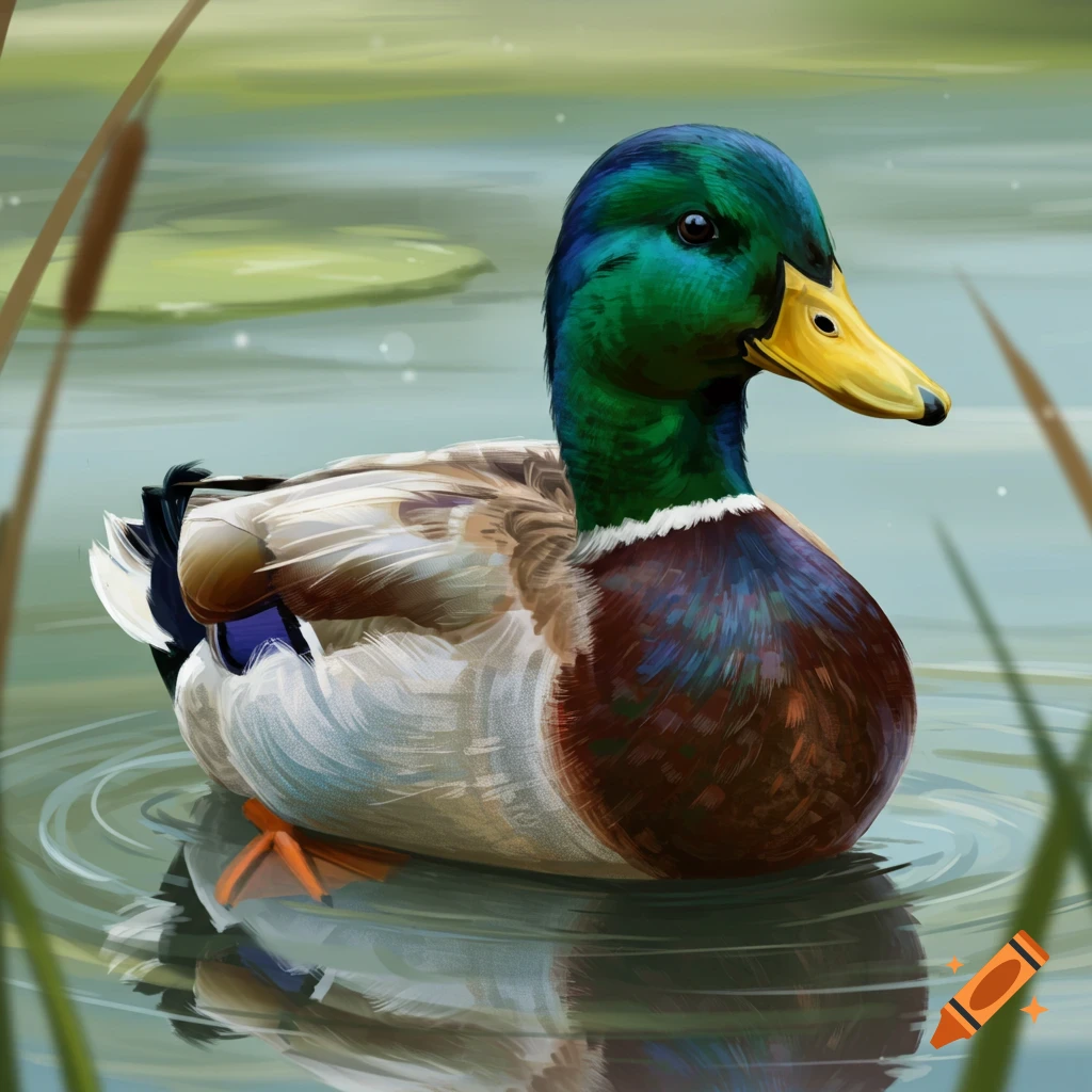 A mallard duck swimming in water with reeds.