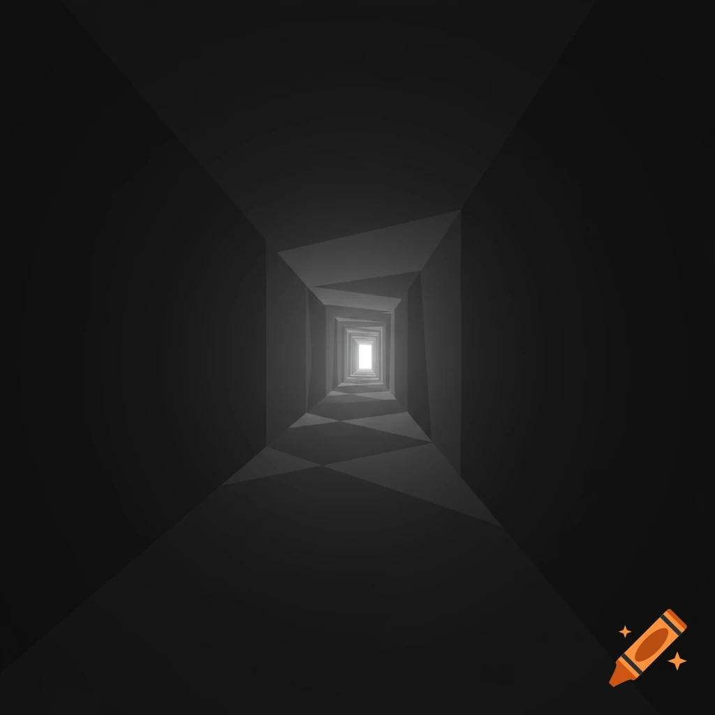 A dark, angular hallway with a geometric floor leads to a bright light at the end, in a simplistic style.