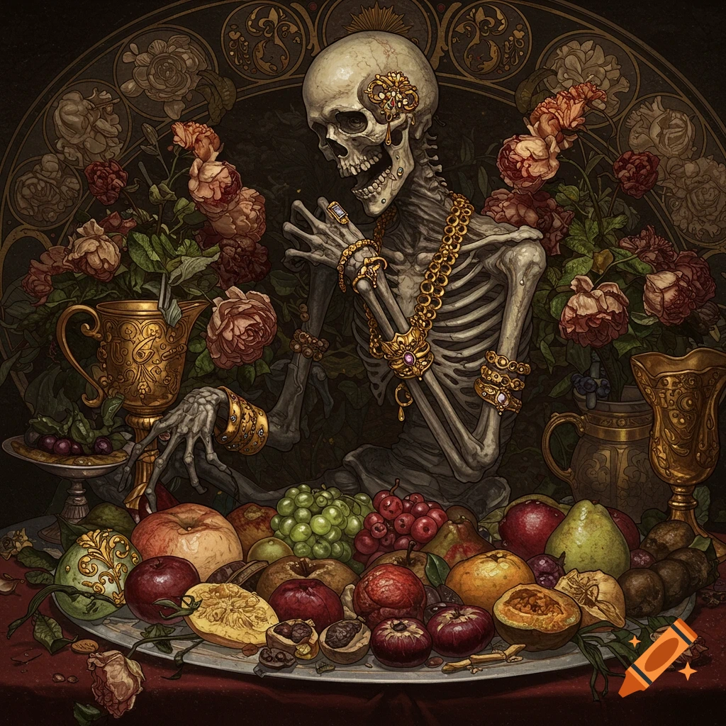 A skeletal figure adorned in gold jewelry sits at a table laden with fruit and flowers.