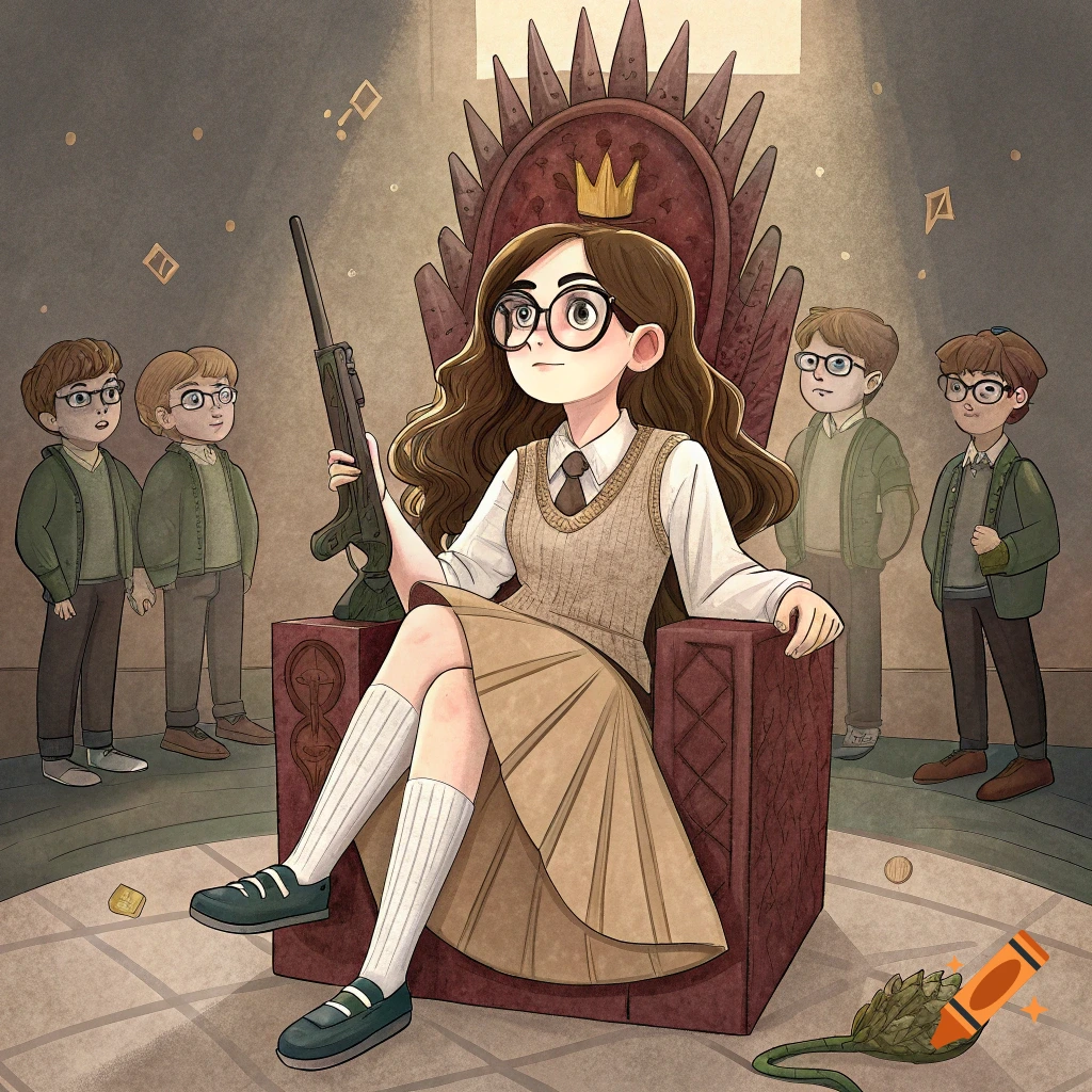 Cartoon illustration of a young girl on a throne holding a rifle, surrounded by other children.