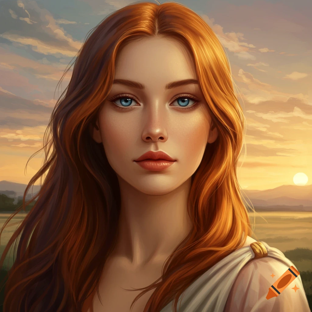 A woman with long red hair and blue eyes is bathed in the warm light of a sunset.