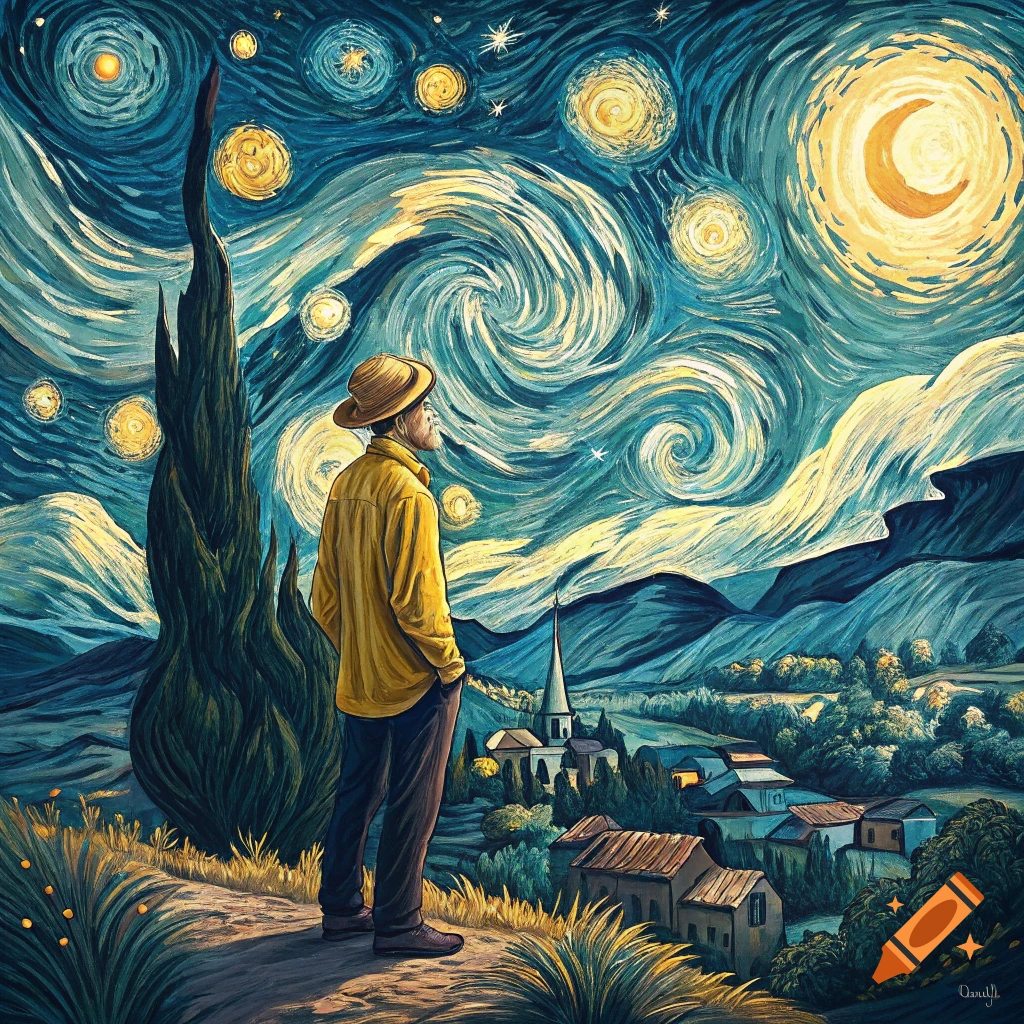Man in a yellow shirt looking at a swirling starry night sky and village, in the style of Van Gogh painting.