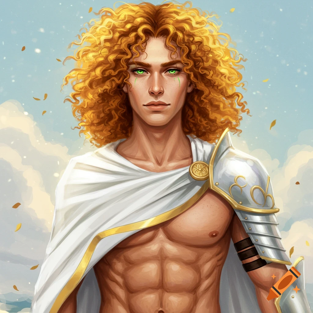 A muscular man with golden curly hair and green eyes, wearing white armor and cloak against a cloudy sky.