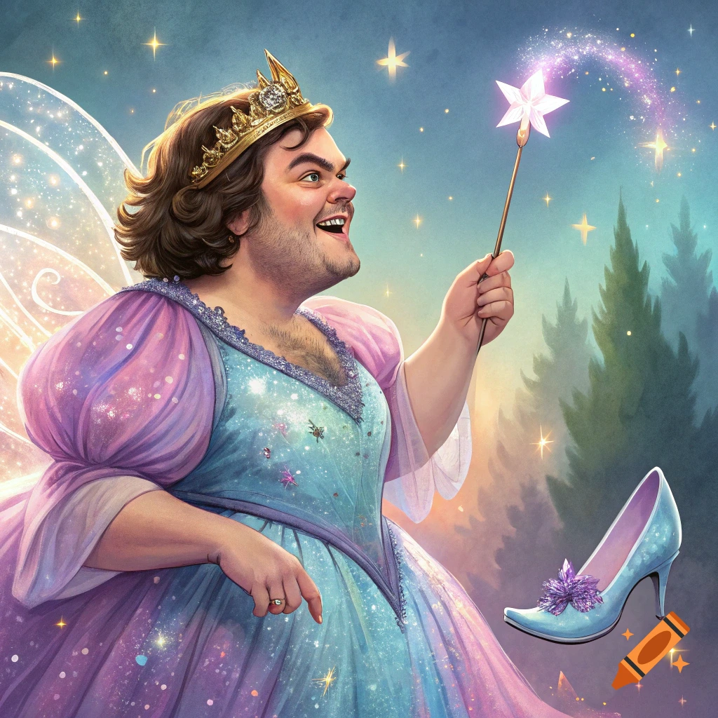 Jack Black as a fairy godmother with wings and crown, holding a star wand over a sparkly glass slipper in a magical forest.