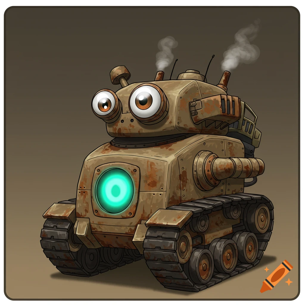 A cartoonish, rusty robot tank with enormous googly eyes and glowing turquoise chest.