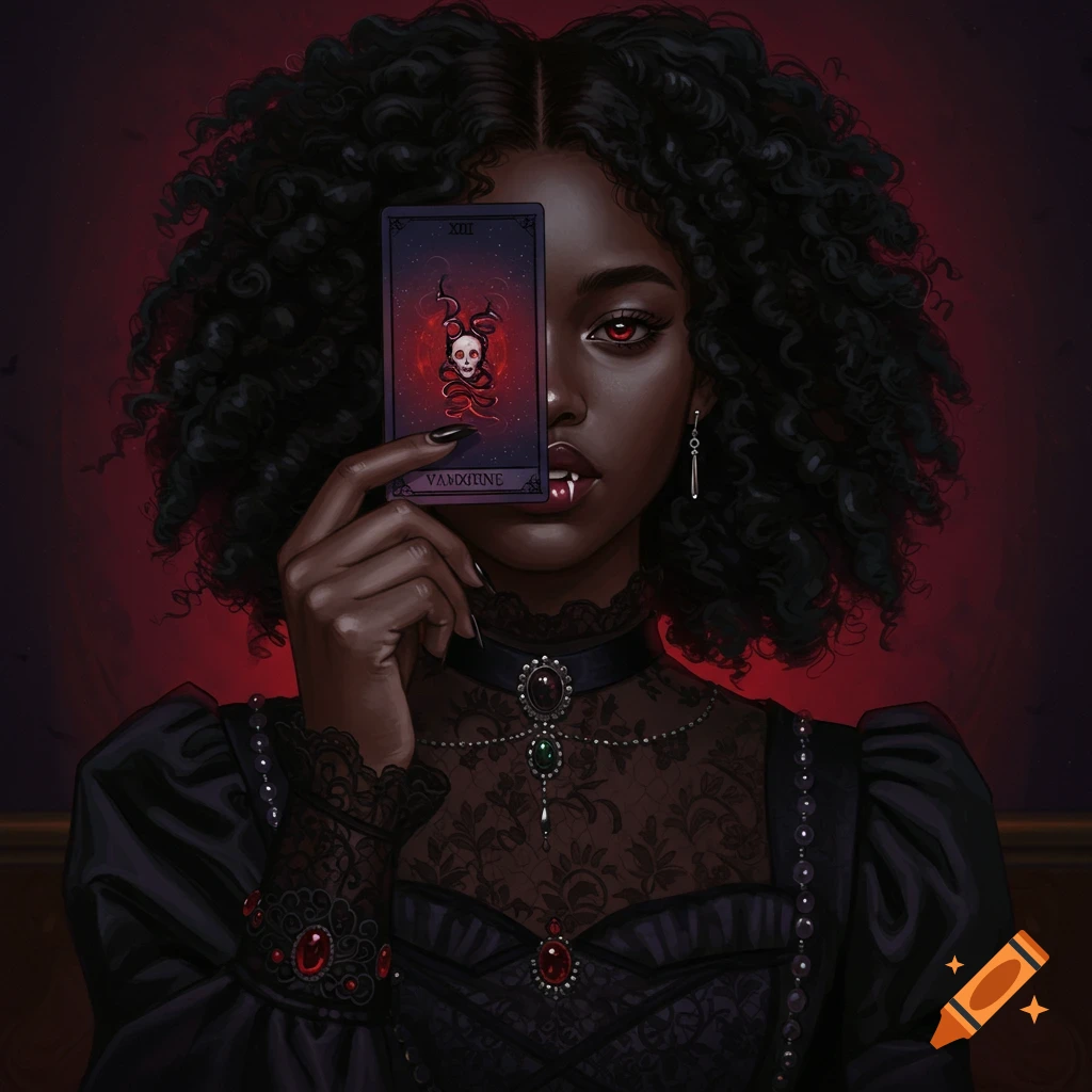 A vampire with red eyes and fangs holds a tarot card over one eye.