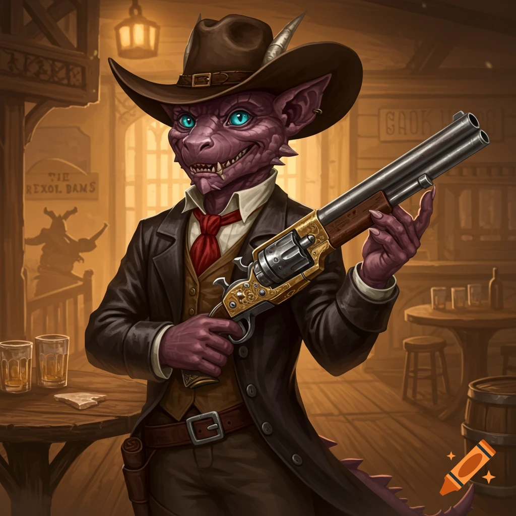 A purple kobold cowboy in a saloon, wearing a hat and suit, holding a gun.