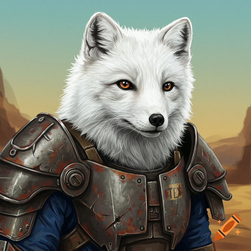 An Arctic fox wearing rusty metal armor in a desert